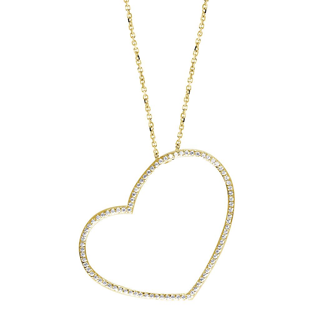 Large Heart 14k Yellow Gold Pendant Necklace in White Diamond