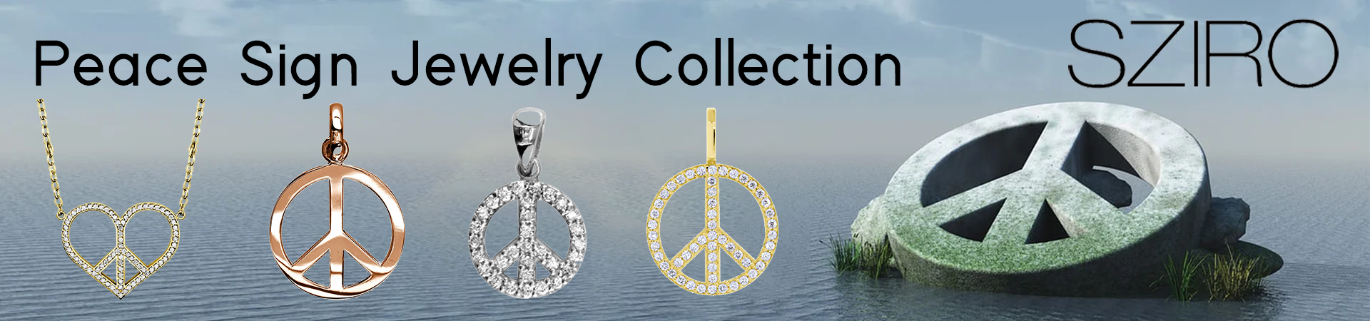 A peace sign shaped stone in water next to the peace sign jewelry collection by Sziro Jewelers