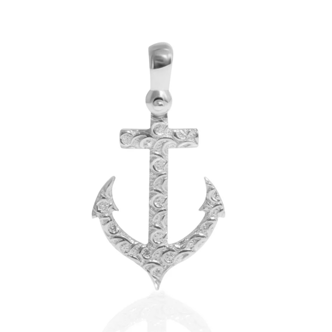 Anchor Charm with Wave Pattern in 14k White Gold