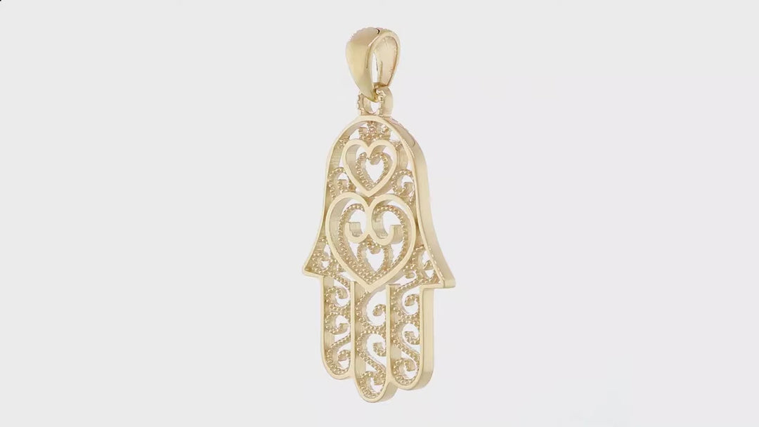 30mm Thin Double-sided Vintage Hearts Hamsa, Hand of God Charm, 2 Levels in 18K Yellow Gold