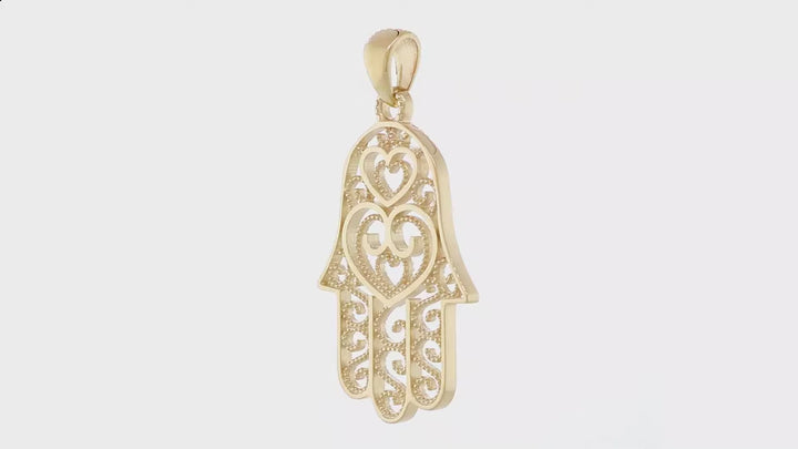 30mm Thin Double-sided Vintage Hearts Hamsa, Hand of God Charm, 2 Levels in 18K Yellow Gold