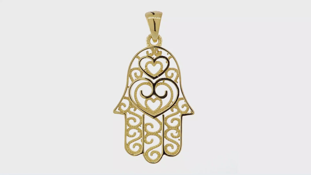 30mm Double-sided Vintage Hearts Hamsa, Hand of God Charm, 2 Levels in 14K Yellow Gold