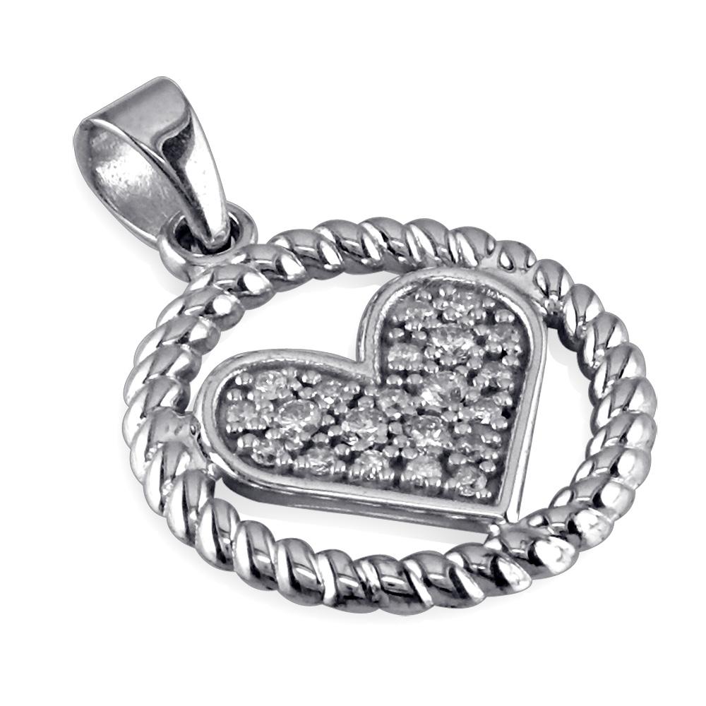 Diamond Heart and Rope Circle Pendant in 14K White Gold