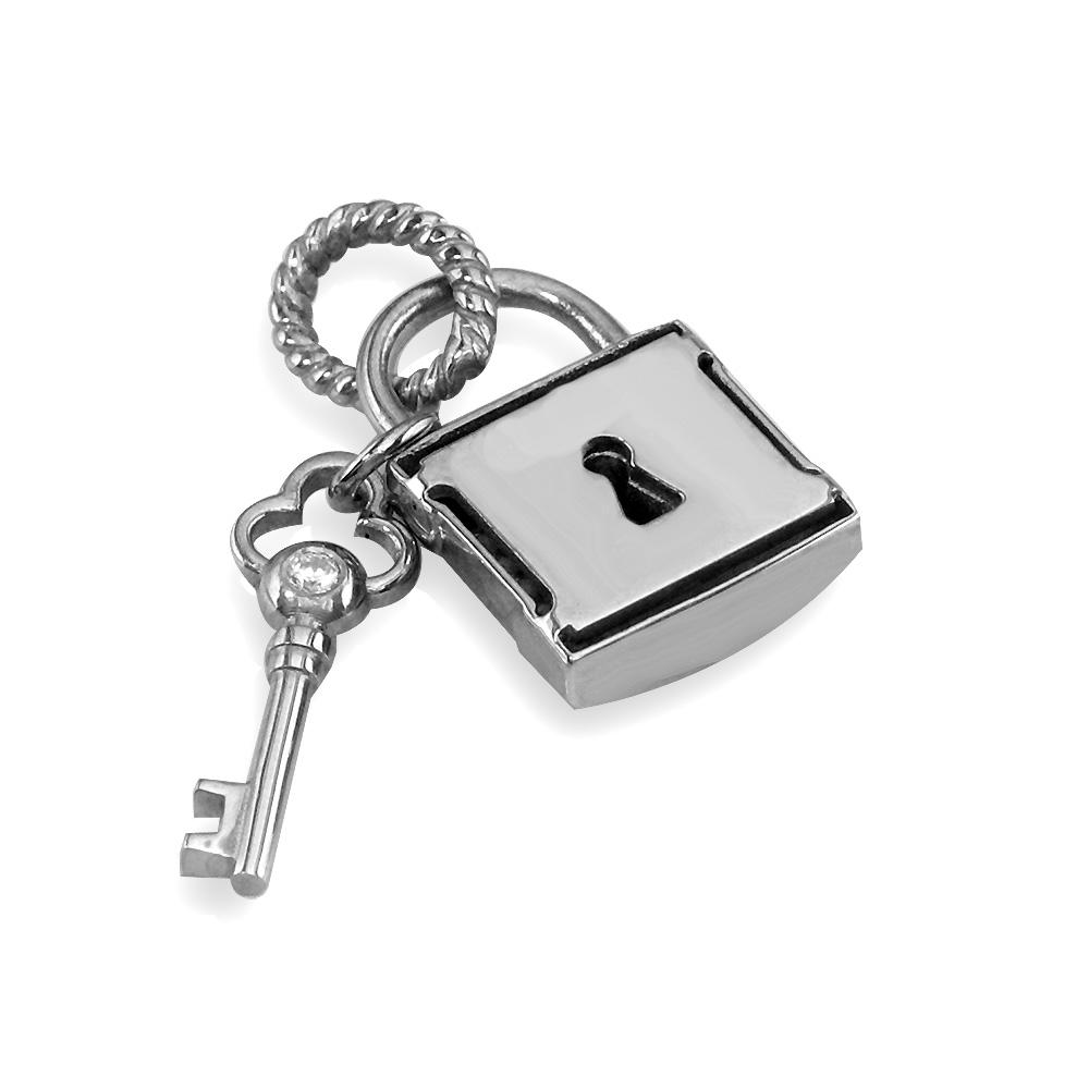 Lock and Key Charm, Hollow Lock with Cubic Zirconias in Sterling Silver