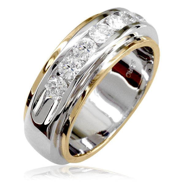 Wide 3 Row Mens Diamond Ring, 2 Tone 18K White and Pink Gold, 1.60ct