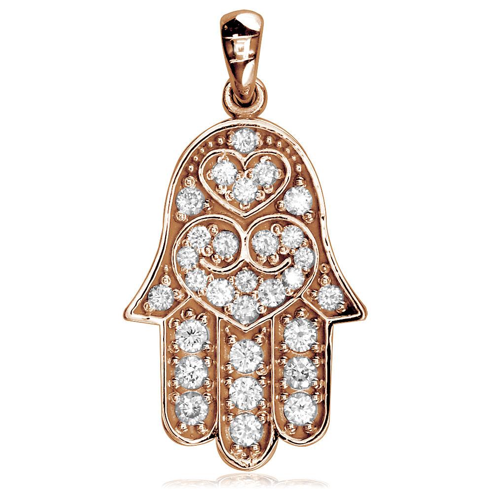 Large Diamond Hamsa, 0.65CT, Hand of God Charm in 14K Pink, Rose Gold