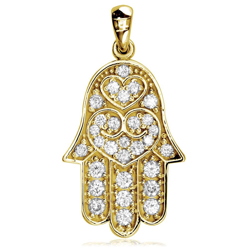 Large Diamond Hamsa, 0.65CT, Hand of God Charm in 14K Yellow Gold