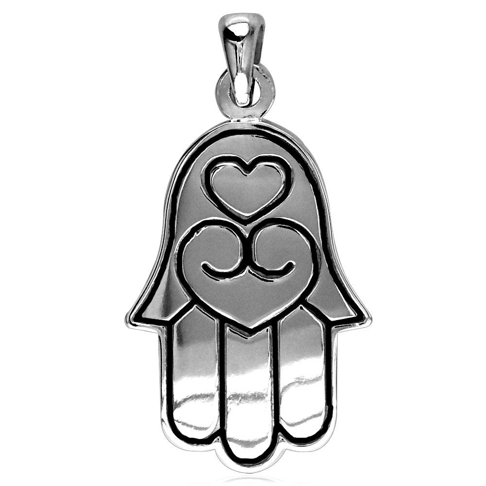 Large Hamsa, Hand of God Charm with Black in Sterling Silver