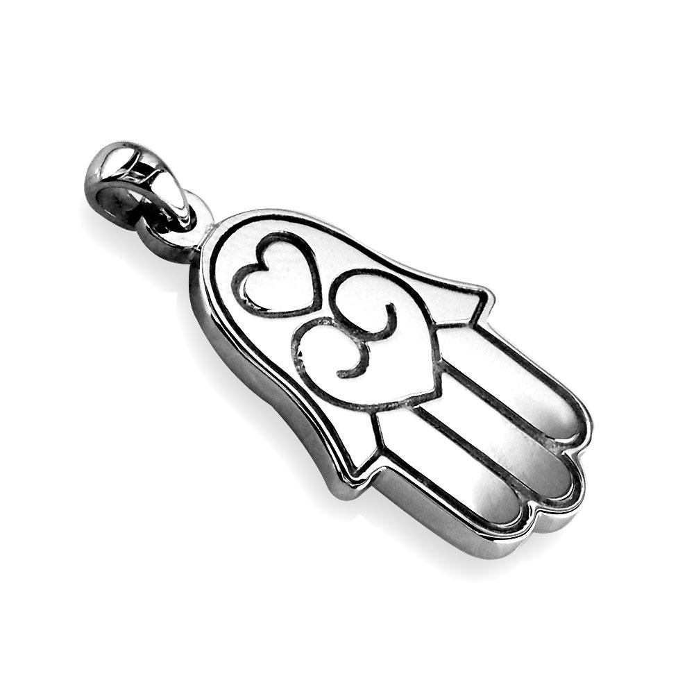 Large Hamsa, Hand of God Charm with Black in Sterling Silver