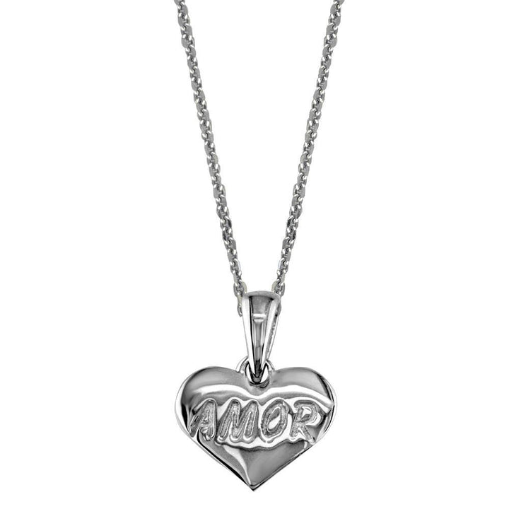 Small Amor Engraved Heart Charm and Chain in Sterling Silver