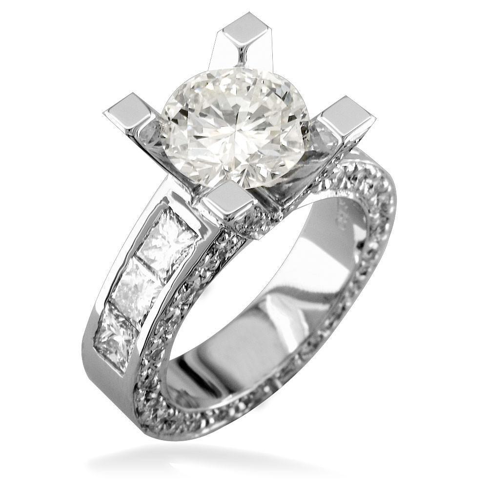 Round Diamond Engagement Ring Setting in 14K White Gold, 2.3CT Total Sides