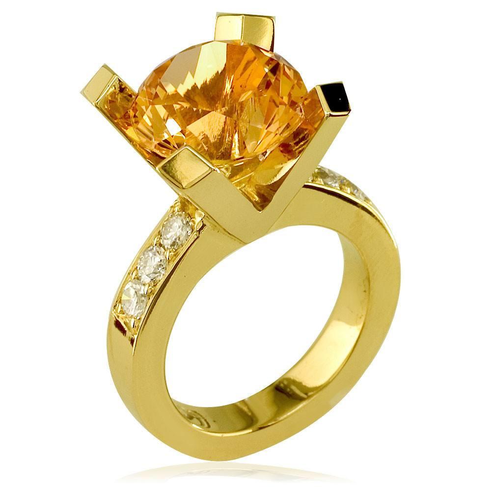 Large Round Citrene and Diamond Right Hand Ring, 0.60CT Diamonds in 14k Yellow Gold