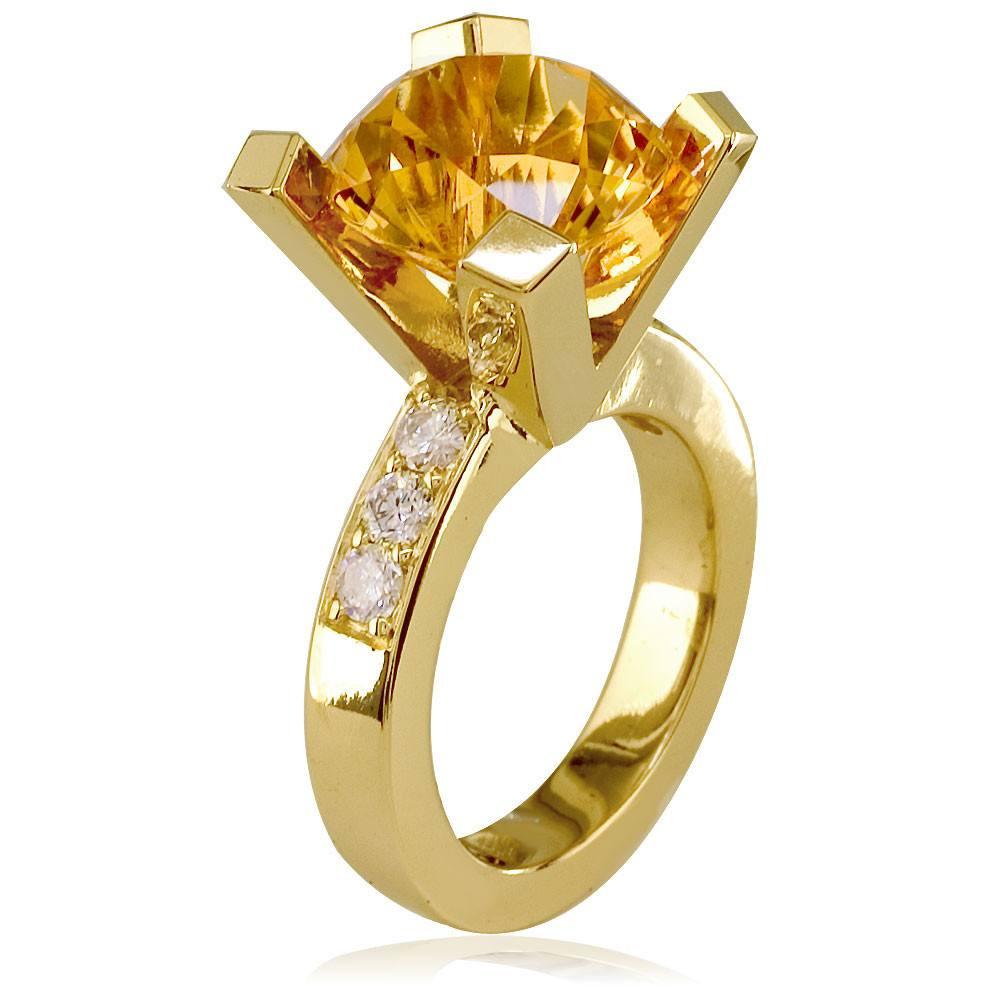 Large Round Citrene and Diamond Right Hand Ring, 0.60CT Diamonds in 14k Yellow Gold