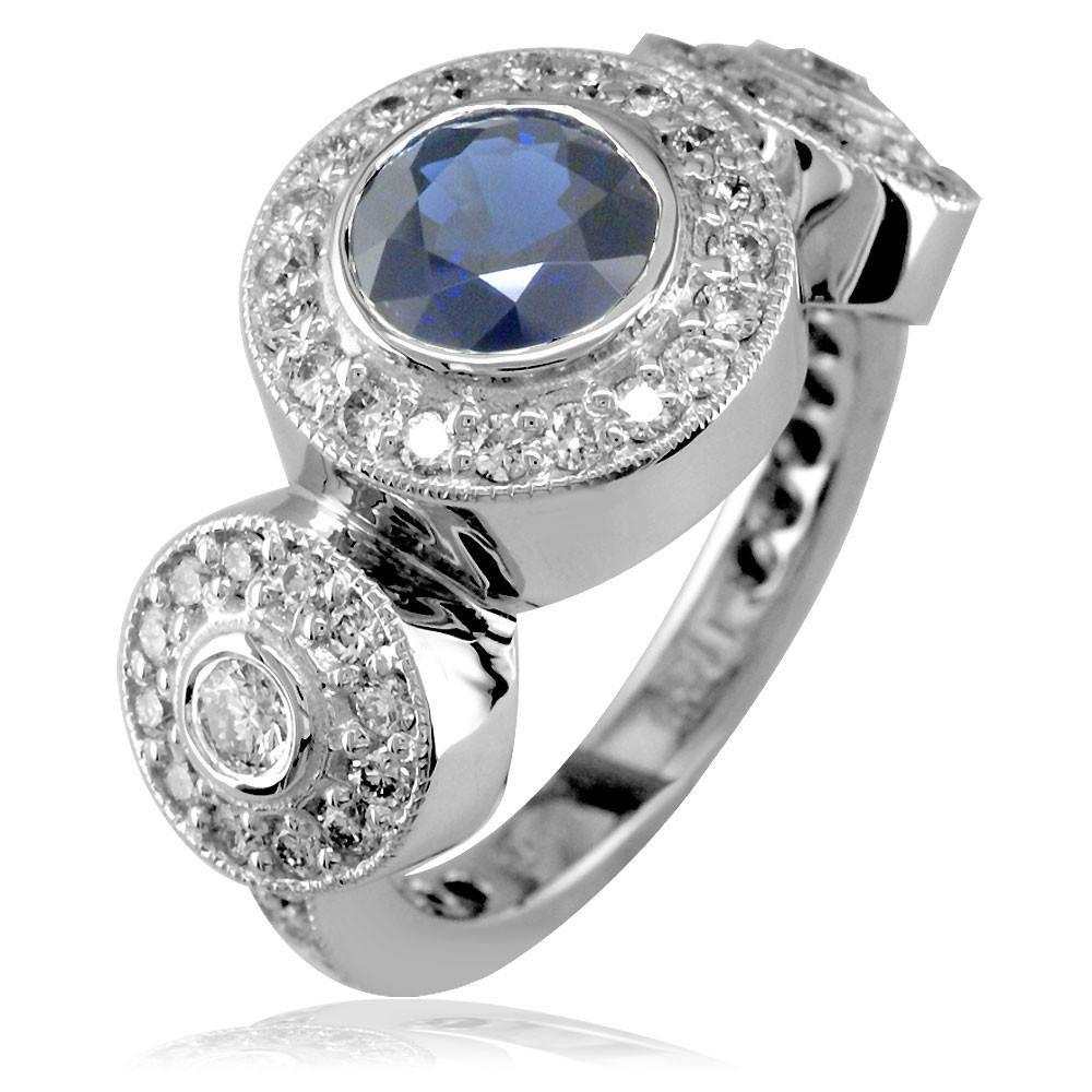 Ladies Triple Diamond Bezel Ring with Large Sappire Center Stone LR-Z4213