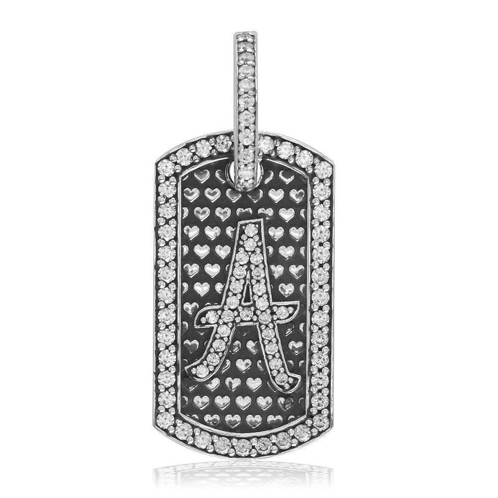 Cubic Zirconia Initial a Dog Tag Charm with Black in Sterling Silver