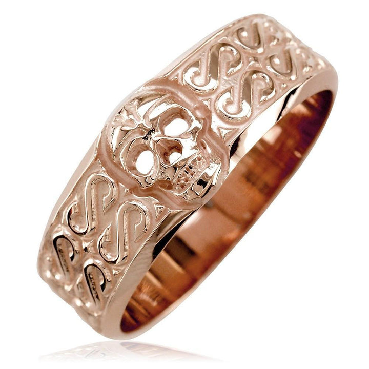 Mens Wide Skull Wedding Band, Ring with S Pattern in 14k Pink, Rose Gold