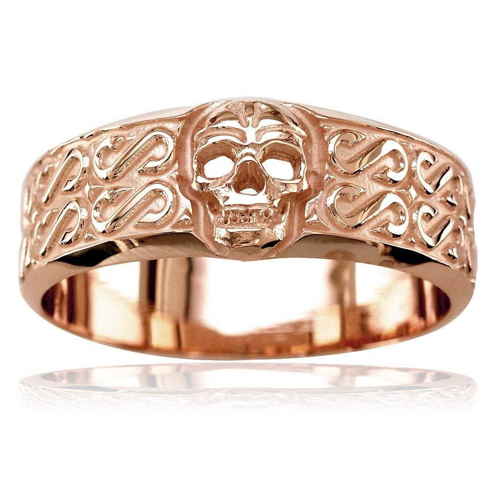 Mens Wide Skull Wedding Band, Ring with S Pattern in 14k Pink, Rose Gold