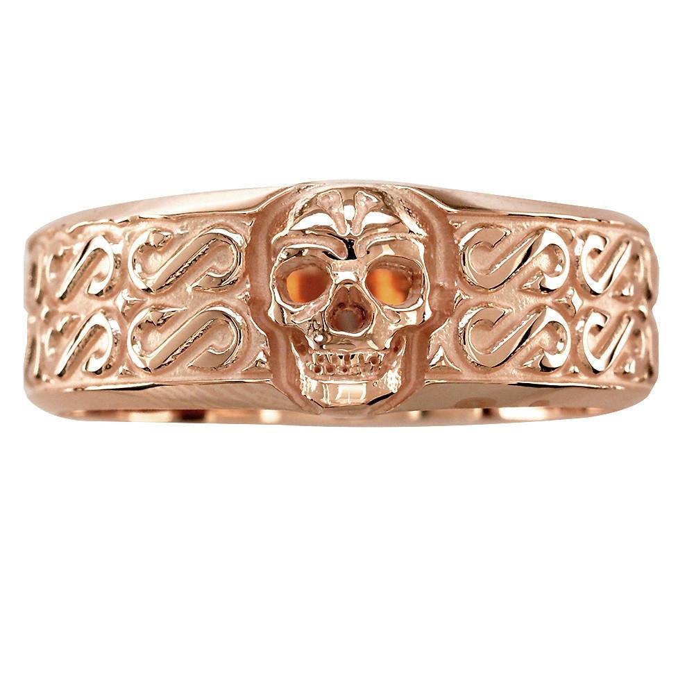 Mens Wide Skull Wedding Band, Ring with S Pattern in 14k Pink, Rose Gold