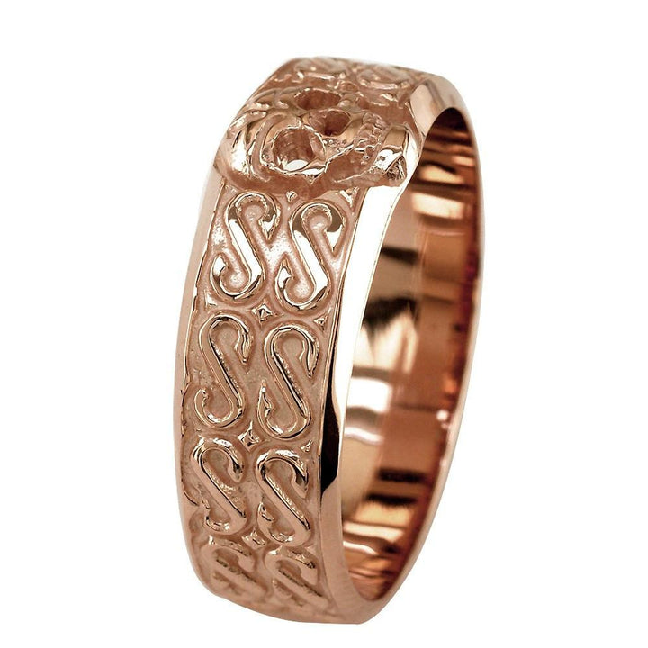 Mens Wide Skull Wedding Band, Ring with S Pattern in 14k Pink, Rose Gold